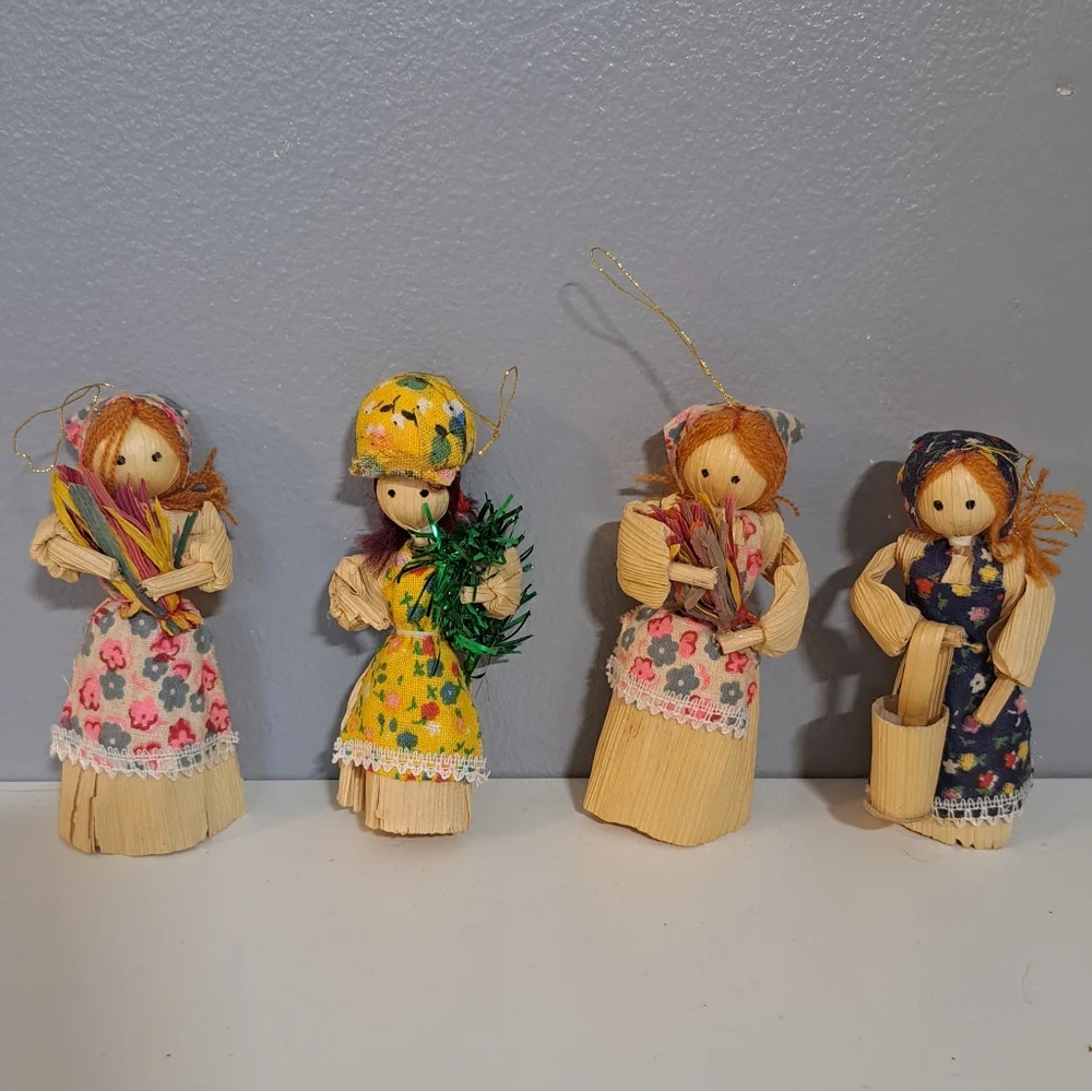 Lot Of 4 Vintage Corn Husk‎ Doll Ornaments Christmas